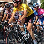 Frank Schleck in the golden jersey during stage 5 of the Tour de Suisse 2007